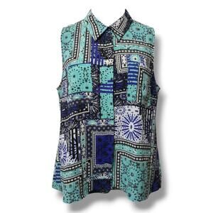 NY Collection Women’s Plus 2X Sleeveless Button Front Patchwork Print Blouse